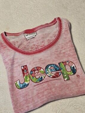 Jedco Women's Long Sleeve Thermal Shirt Waffle Knit Pink Acid Wash Floral Logo L
